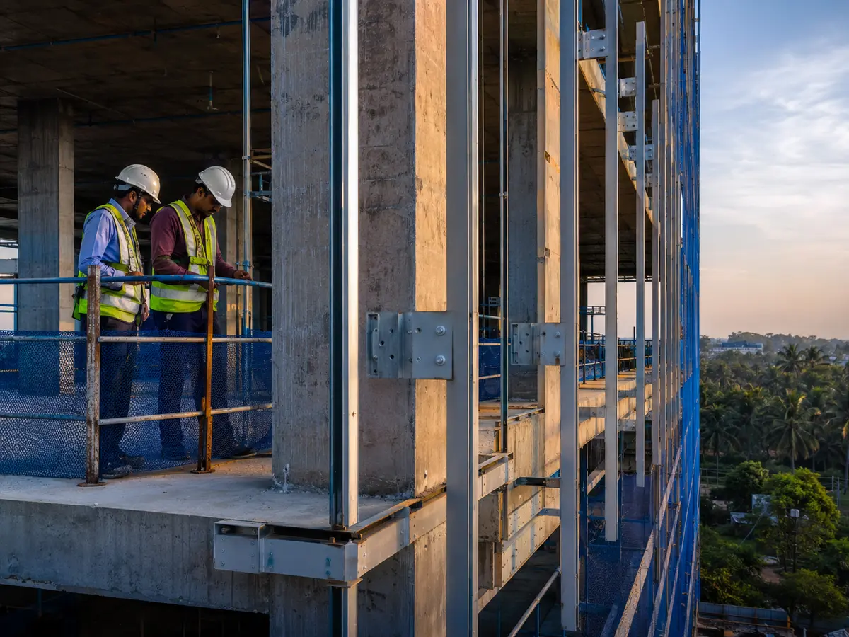 Engineers inspecting a modern building construction package