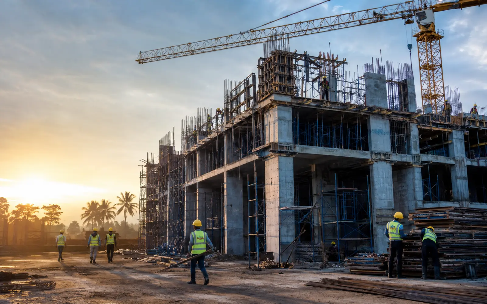 Building construction work with engineers and a reinforced concrete structure